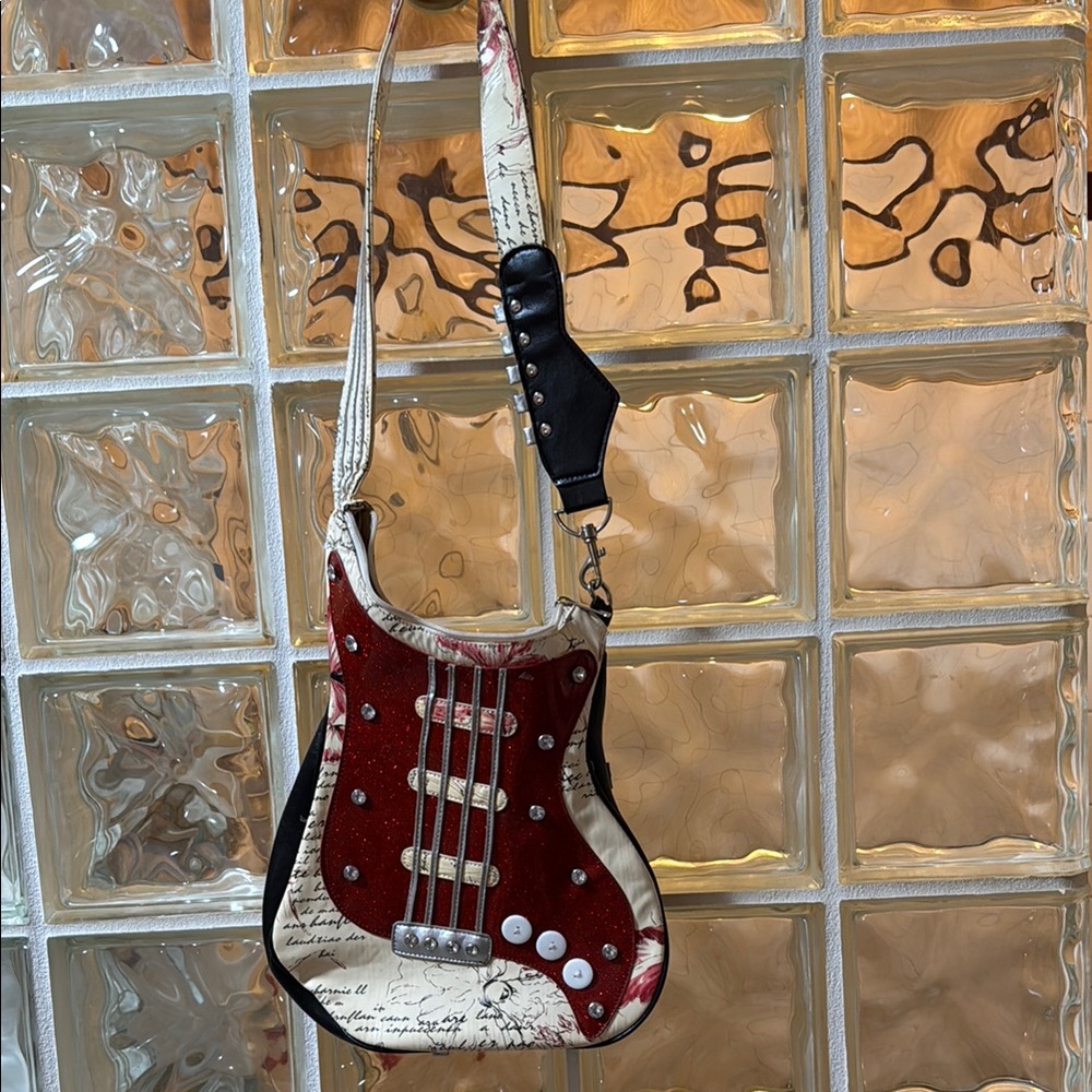 Guitar-Shaped Crossbody Bag in Red and Cream
